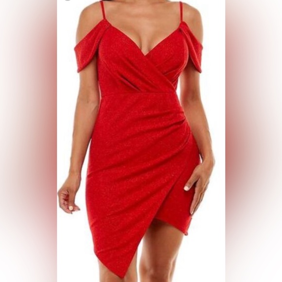 Emerald Sundae Dresses & Skirts - Emerald Sundae Womens Red Glitter Faux Wrap Party Mini Dress Juniors Size Large